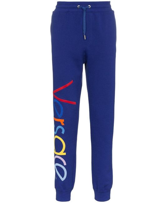 Versace Blue Embroidered Logo Sweatpants for men