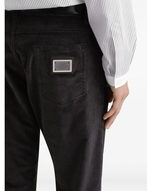 Dolce & Gabbana Black Corduroy Logo-Plaque Trousers for men
