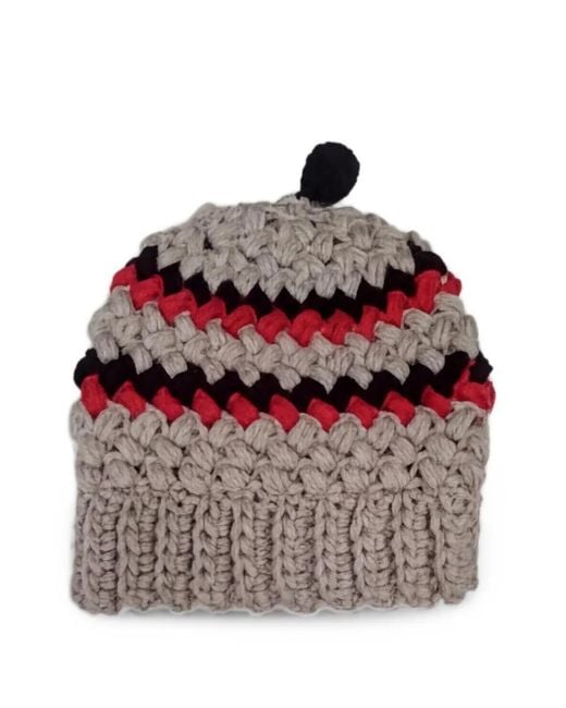 Exquisite J Red Chunky-Knit Pompom Beanie Hat