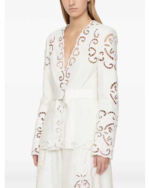 Sea White Dahlia Broderie-Anglaise Belted Blazer