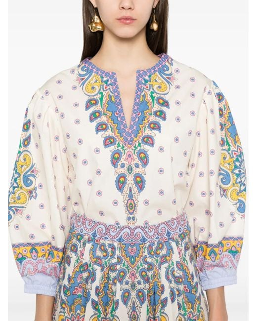 Etro Natural Floral Printed Cotton Blouse With Balloon Sleeves