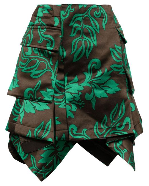 Sacai Green Asymmetric Floral-print Skirt