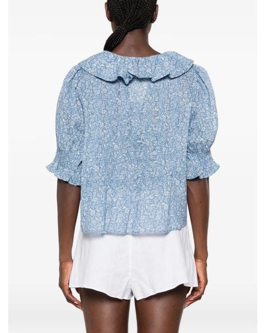 Doen Blue Henri Ruffled Floral-Print Cotton Blouse