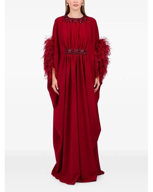 Dina Melwani Red Feather-Sleeve Maxi Dress