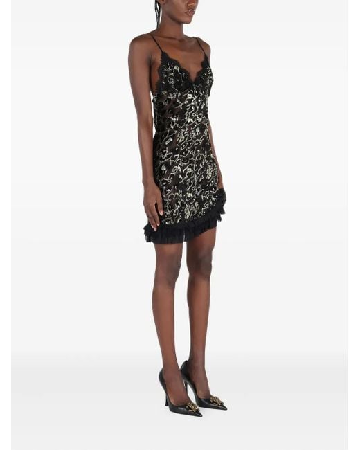 Roberto Cavalli Black Lace-Trimmed Leopard-Pattern Mini Dress