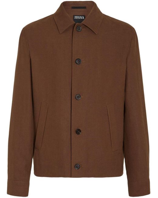 Zegna Brown Spread-collar Linen Shirt Jacket for men