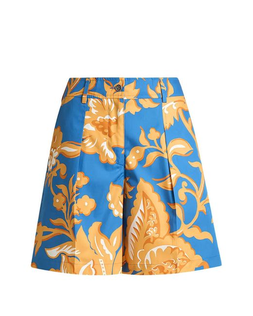 Etro Blue Floral-Print Pleated Shorts