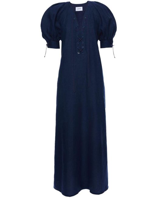 Sleeper Blue Garden Puff-sleeve Midi Dress