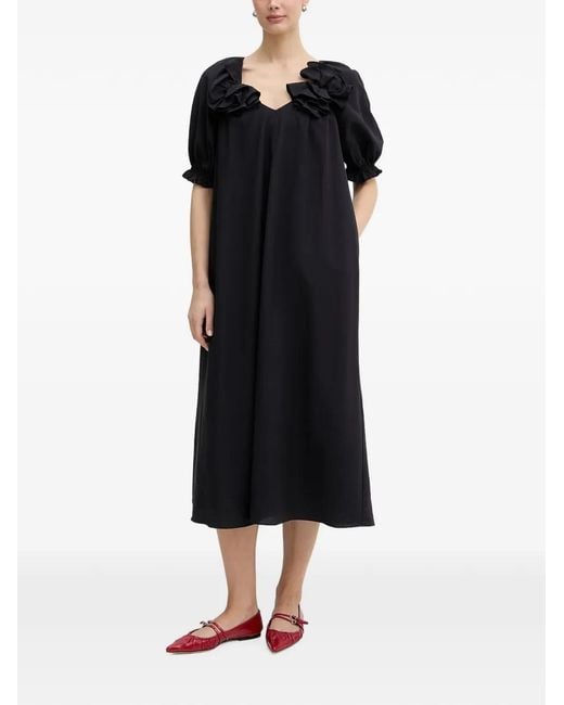 Stine Goya Black Ruffled Puff-Sleeve Midi Dress