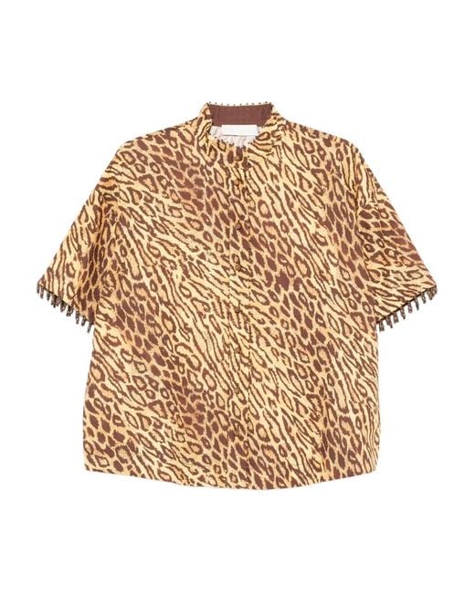 Zimmermann Natural Leopard-Print Beaded-Cuff Blouse