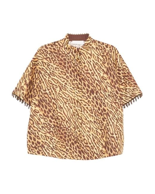 Zimmermann Natural Leopard-Print Beaded-Cuff Blouse