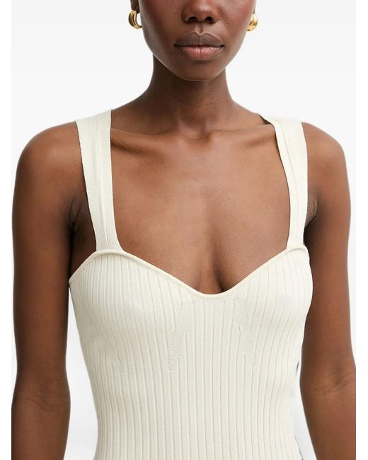 Fracomina White Ribbed-Knit Sweetheart-Neck Midi Dress
