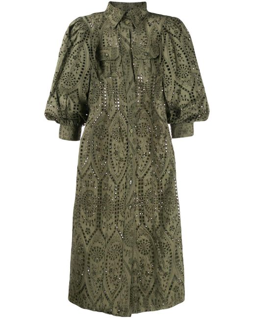 Ganni Broderie Anglaise Shirt Dress in Green | Lyst UK