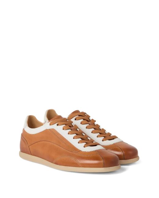 Brunello Cucinelli Brown Calfskin Contrast-Panel Sneakers for men