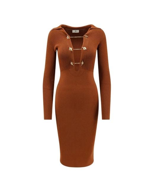 Elisabetta Franchi Brown Ribbed-Knit Toggle-Fastening Midi Dress