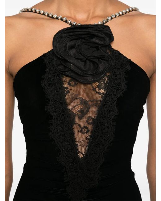 Nissa Black Floral-Appliqué Velvet Midi Dress