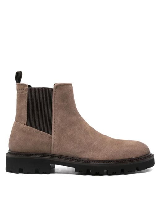 Boss Brown Leather Ridged-Sole Boots for men
