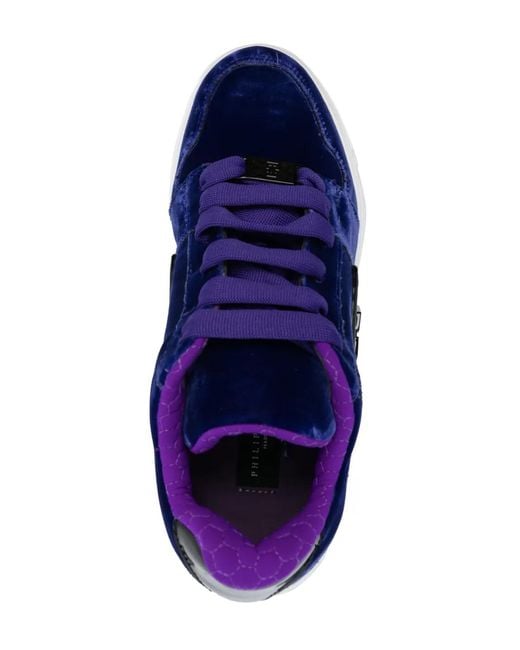 Philipp Plein Blue Tonal-Logo Lace-Up Velvet Sneakers