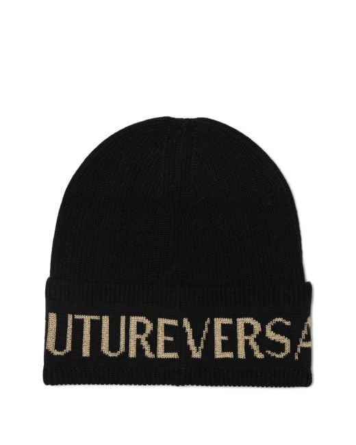 Versace Jeans Couture Black Intarsia-Knit Logo Beanie for men