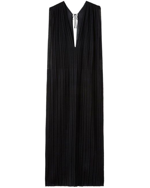 Jil Sander Black Pleated Plunge-neck Silk Dress
