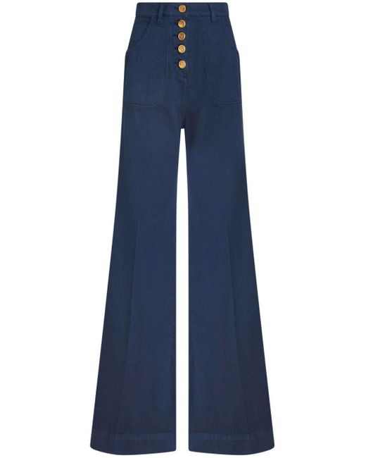 Etro Blue Logo-embossed Button High-rise Flared Jeans