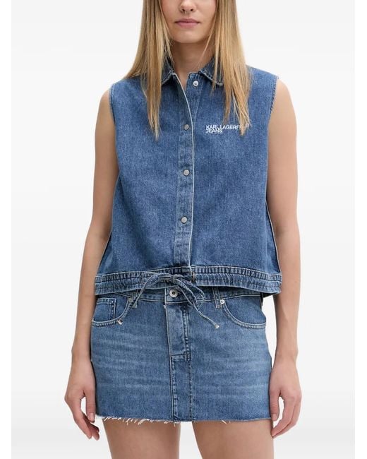 Karl Lagerfeld Blue Logo-Embroidered Drawstring-Hem Shirt