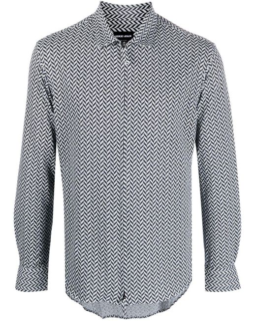 Giorgio Armani Gray Herringbone-pattern Zip-up Shirt for men