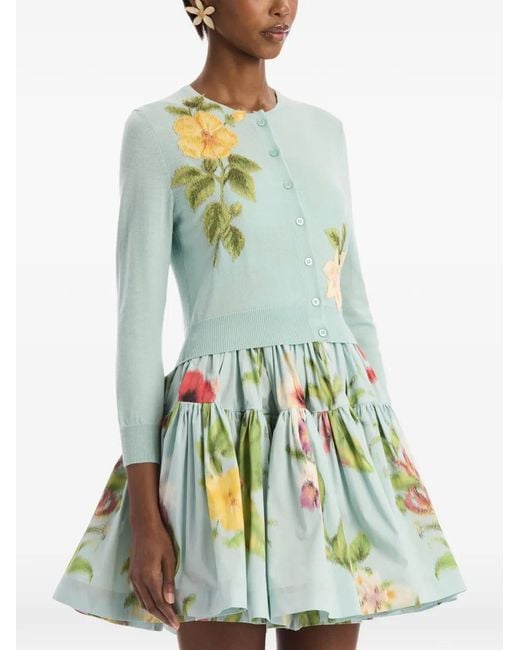 Oscar de la Renta Blue Chiné Dominican Mixed-Floral Threadwork Cardigan