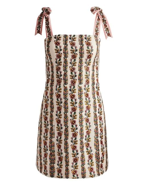 Alice + Olivia Natural Maryann Tie-Shoulder Floral-Print Mini Dress