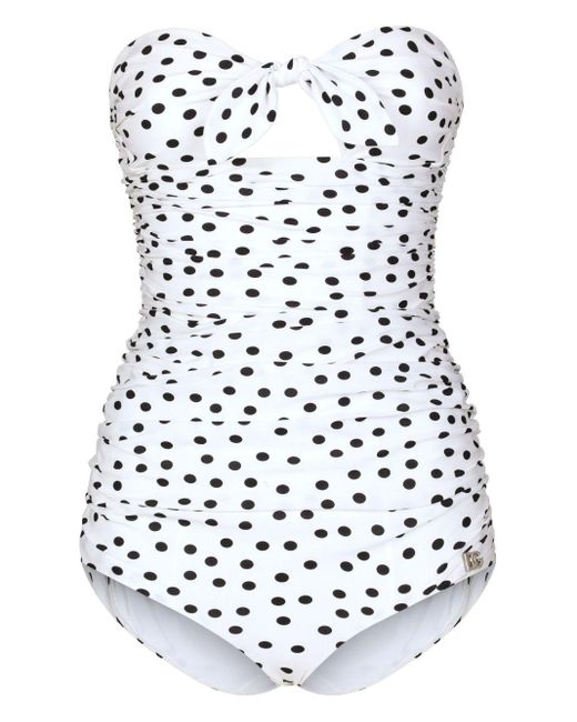 Dolce & Gabbana White Polka Dot-print Strapless Swimsuit