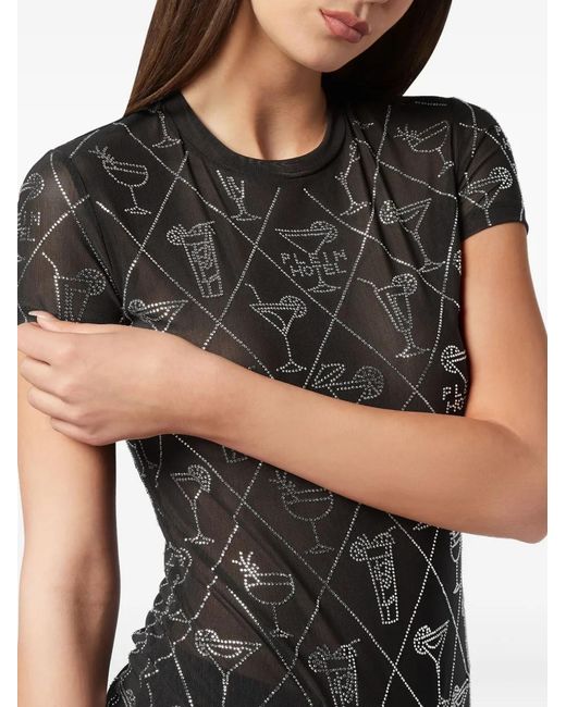 Philipp Plein Black Crystal-Embellished Mesh T-Shirt