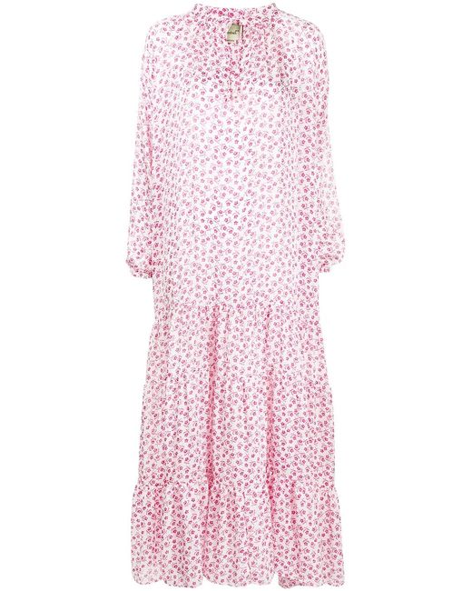 Bambah Pink Sandra Floral-Print Smocked Kaftan Dress