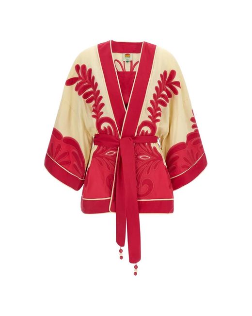 Farm Rio Floral-Embroidered Linen Kimono