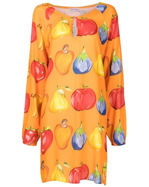 Amir Slama Orange Robe Évasée À Fruits Imprimés