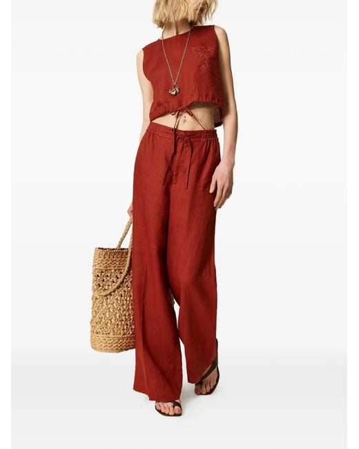 Twinset Linen Trousers With Embroidered Logo