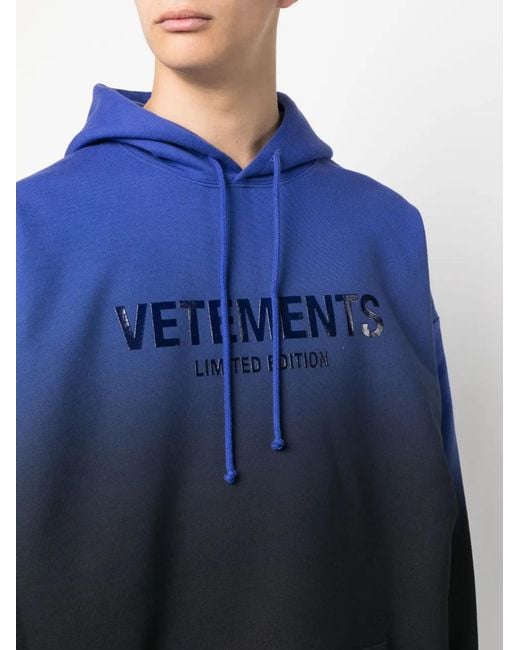 Vetements Blue Logo-Print Faded-Effect Hoodie for men