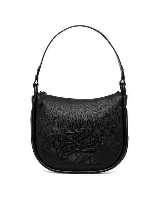 Karl Lagerfeld Black Logo-Patch Pebbled Shoulder Bag