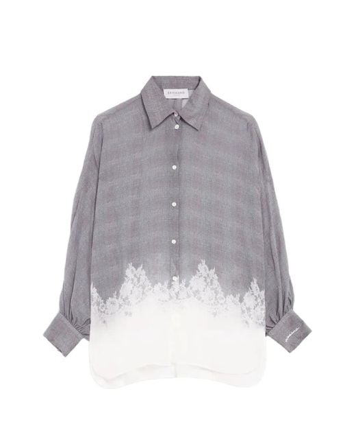 Ermanno Scervino Gray Georgette Lace-Trimmed Gingham Shirt
