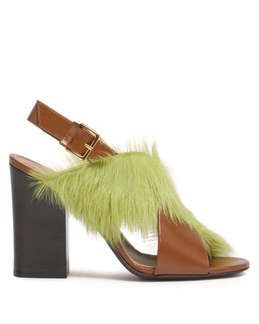 Marni Green Leather And Long-Hair Criss-Cross Sandals