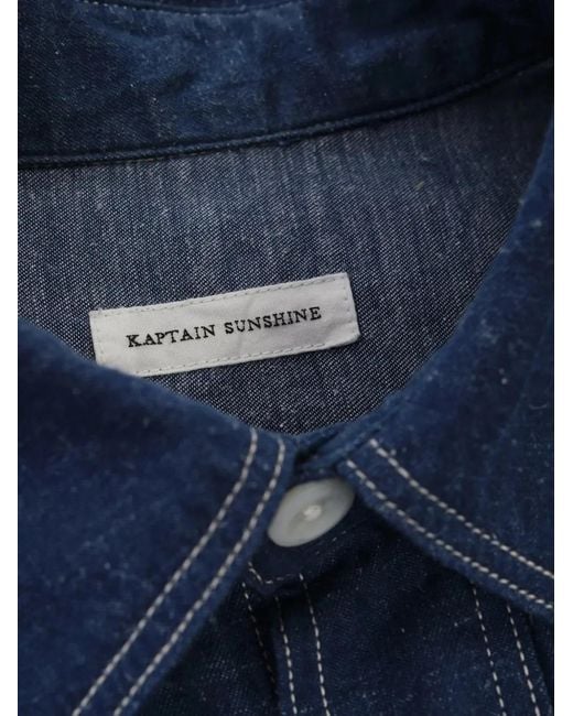 Kaptain Sunshine Blue Contrast-Stitch Chest-Pockets Shirt for men