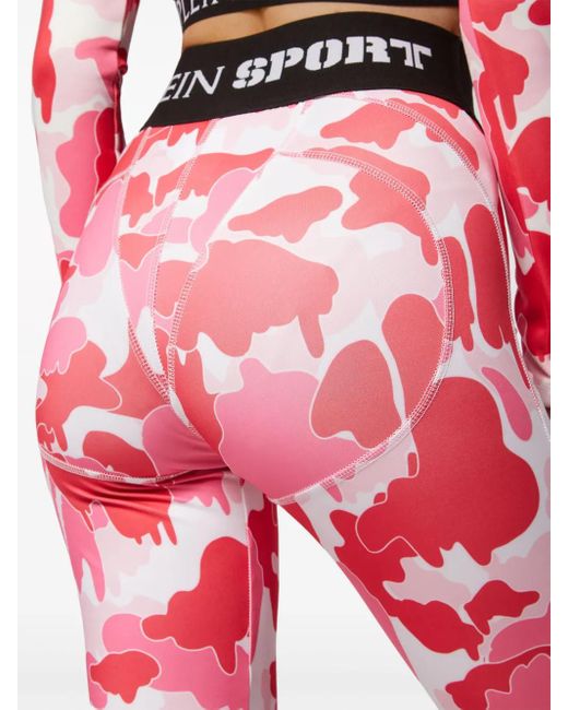 Philipp Plein Red Camouflage-Print Logo-Waistband Leggings