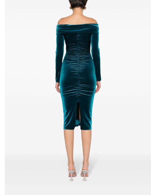 Nissa Green Ruched Velvet Midi Dress