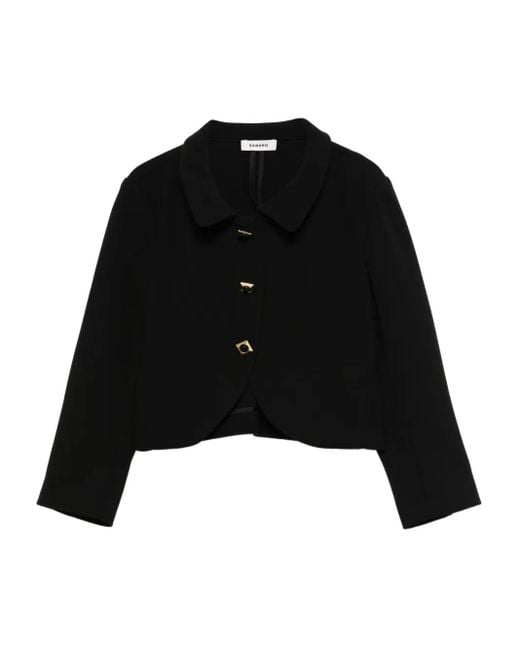 Sandro Black Square-Buttons Cropped Jacket