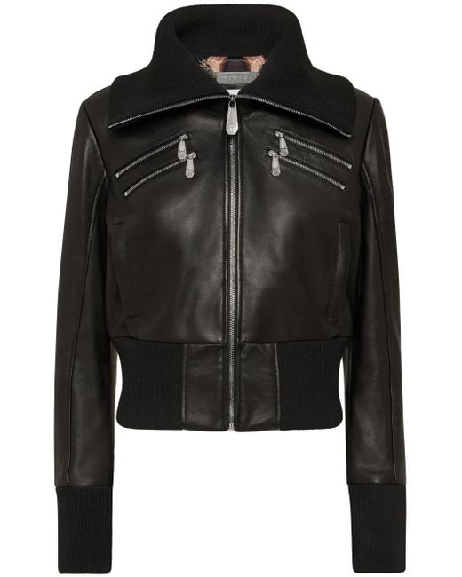 Philipp Plein Black Knitted-Collar Zipped Leather Jacket