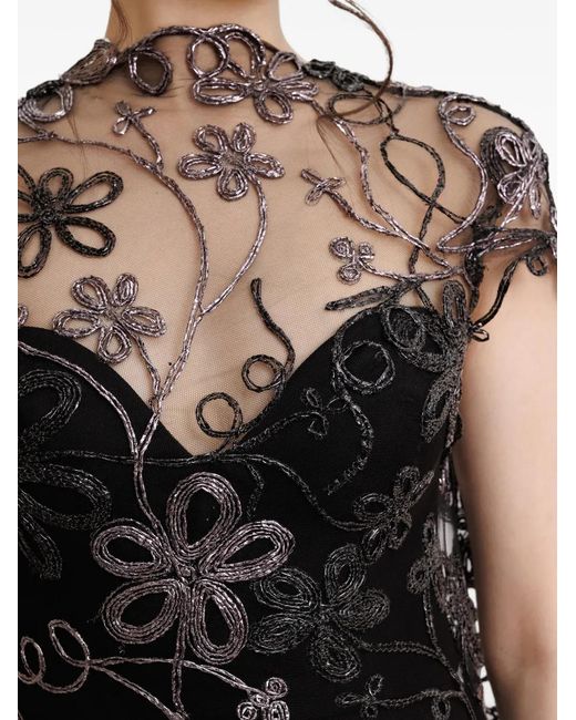 Gemy Maalouf White Cape-Back Floral-Embroidered Dress