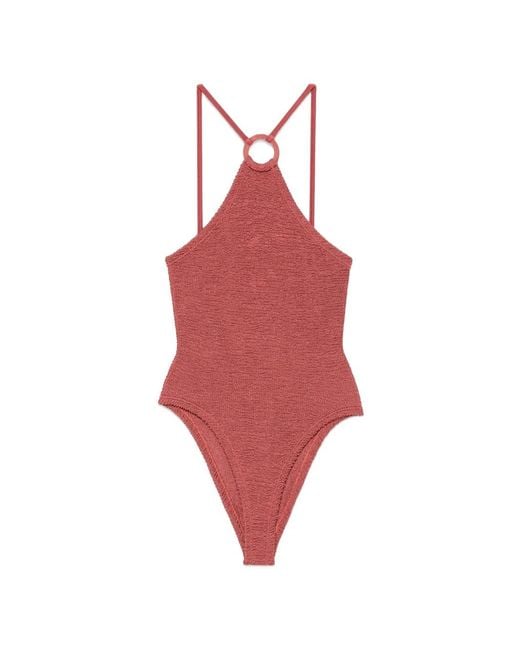Hunza G Red Jasmine Crinkle-Effect Swimsuit