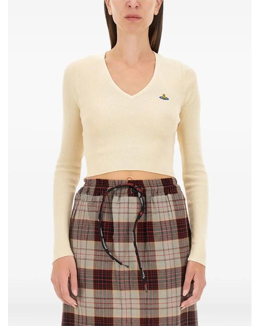 Vivienne Westwood Natural Cropped Ribbed Knit Sweater With Deep V-Neckline