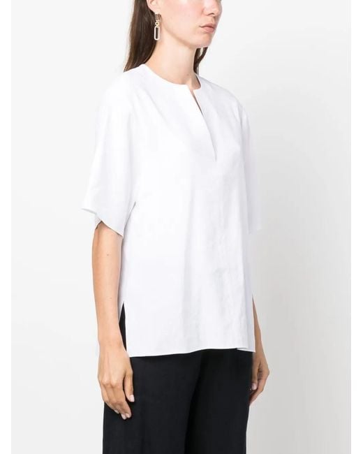 Vince White Split-Neck Short-Sleeved Blouse