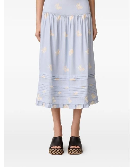 Claudie Pierlot White Floral-Print Pleated A-Line Midi Skirt