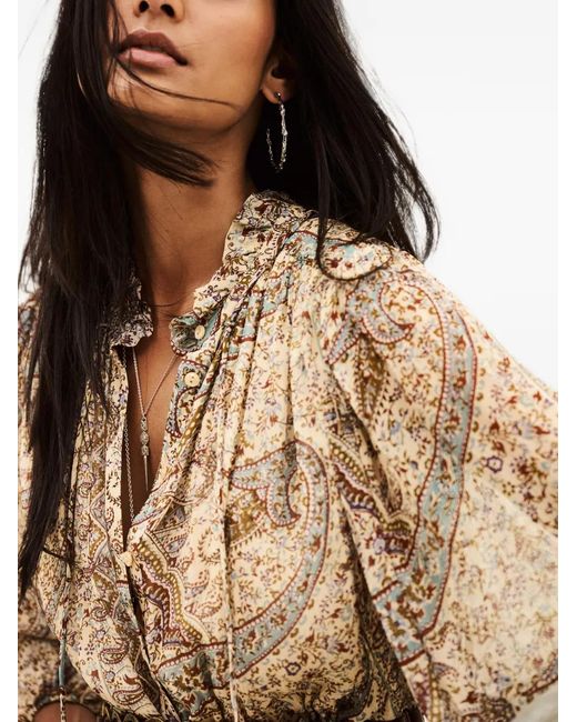 Ba&sh Natural Ciahara Paisley-Print Ruffled Midi Shirt Dress